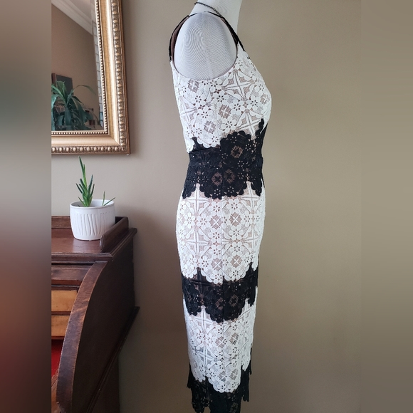 Dress the Population Vera Lace Midi Cocktail Dress Black and White Illusion M - Picture 9 of 13